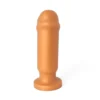 Dildo anal visto de frente mostrando o corpo cilíndrico liso e a coroa da glande