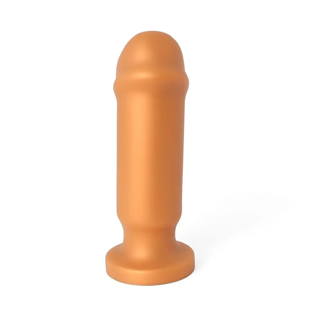 Dildo anal visto de frente mostrando o corpo cilíndrico liso e a coroa da glande