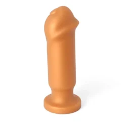 Dildo anal com ponta em formato de cabeça de pênis em silicone macio dourado com base ventosa