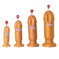 Tabela de medidas do dildo anal: S 145 mm, M 185 mm, L 225 mm e XL 260 mm de comprimento
