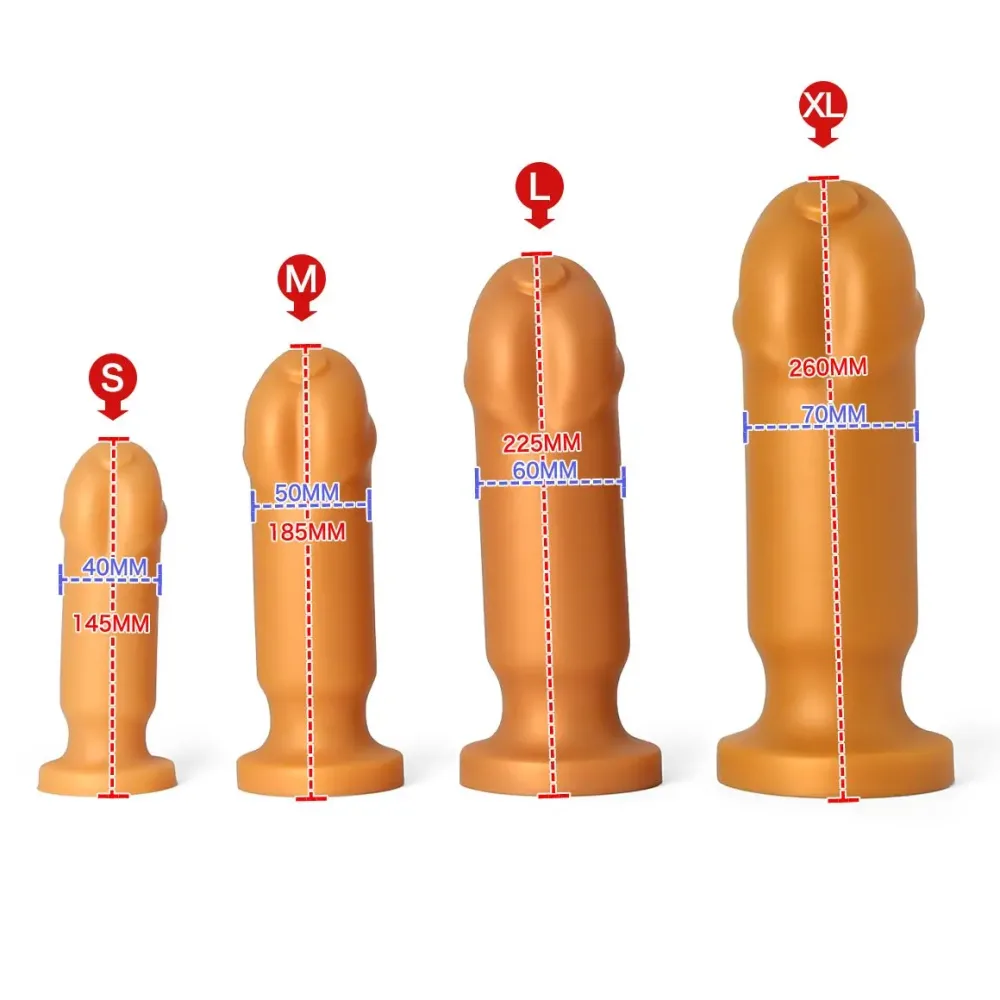 Tabela de medidas do dildo anal: S 145 mm, M 185 mm, L 225 mm e XL 260 mm de comprimento