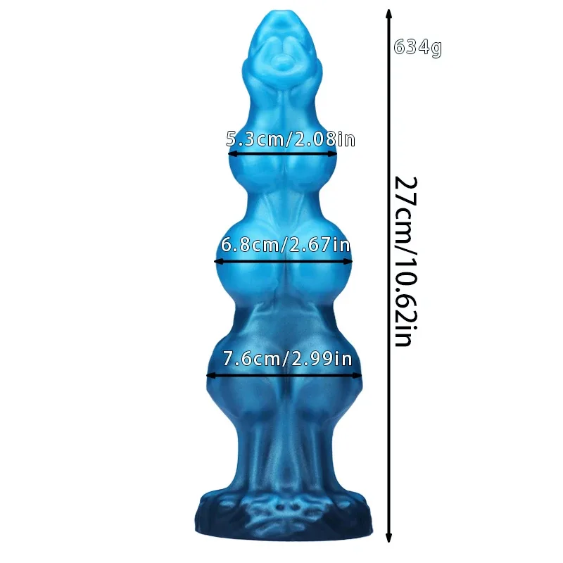 Medidas do dildo canino tamanho G, 27 cm de comprimento e nós de 5,3, 6,8 e 7,6 cm
