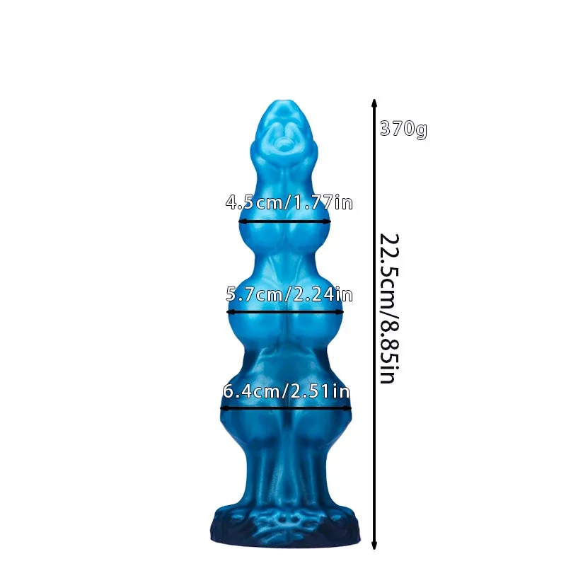 Medidas do dildo canino tamanho M, 22,5 cm de comprimento e nós de 4,5, 5,7 e 6,4 cm