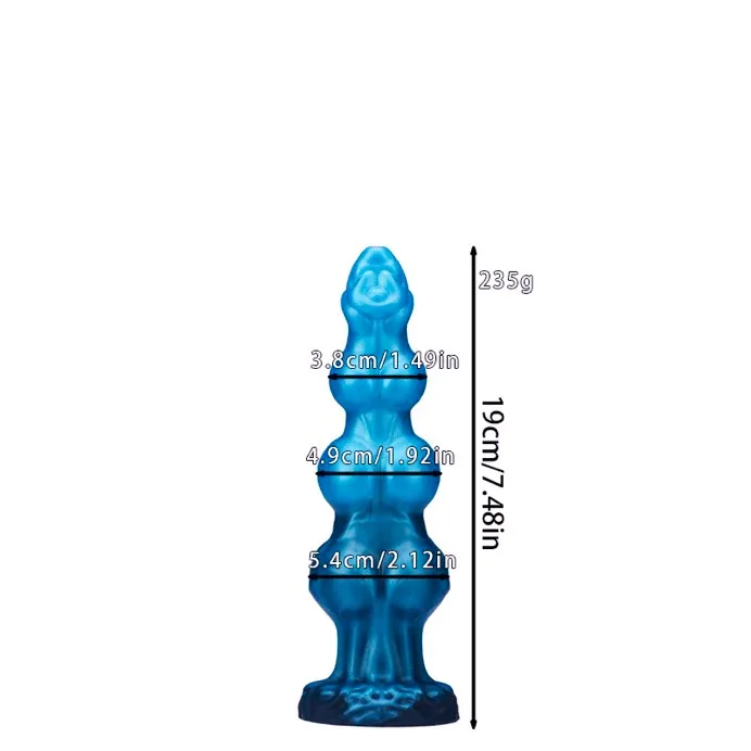 Medidas do dildo canino tamanho P, 19 cm de comprimento e nós de 3,8, 4,9 e 5,4 cm