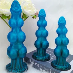 Textura do silicone líquido macio do dildo canino em azul metalizado