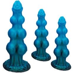 Dildo canino com nós em silicone azul metalizado nos três tamanhos, P, M e G