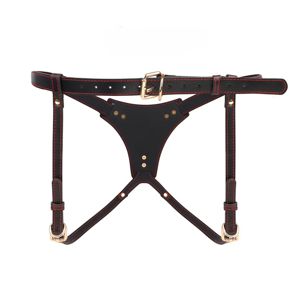 Harness aberto mostrando o cós largo, as tiras de coxa e as fivelas douradas