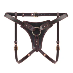 Harness para pegging Dominion modelo high-end em couro preto com costura vermelha e ferragem dourada