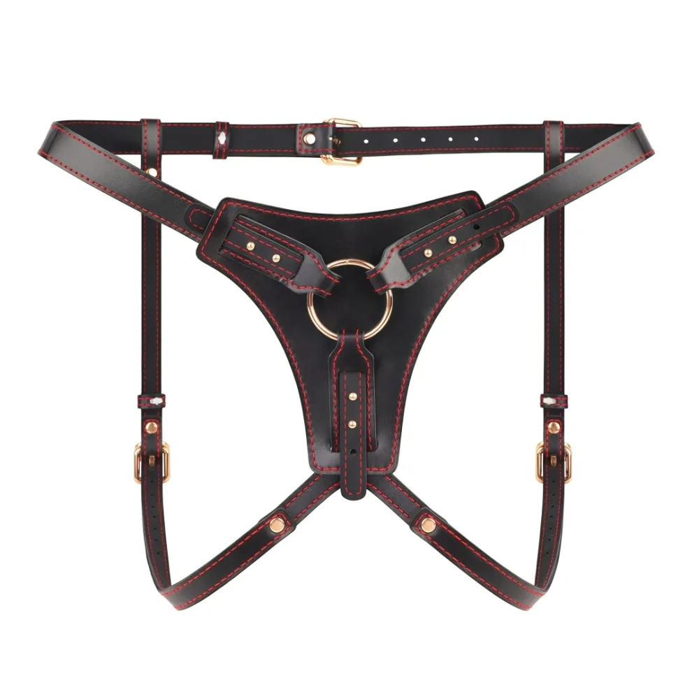Harness para pegging Dominion modelo high-end em couro preto com costura vermelha e ferragem dourada