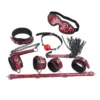 Kit de bondage completo vermelho com barra separadora, algemas, coleira, mordaça, máscara e chicote