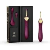 Vibrador de ponta fina roxo com haste dourada e cabecas intercambiaveis na caixa rigida