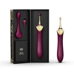 Vibrador de ponta fina roxo com haste dourada e cabecas intercambiaveis na caixa rigida