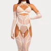 Conjunto Prisioneira Ellolace body renda transparente branco com choker, luvas e meias