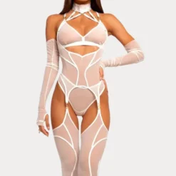 Conjunto Prisioneira Ellolace body renda transparente branco com choker, luvas e meias