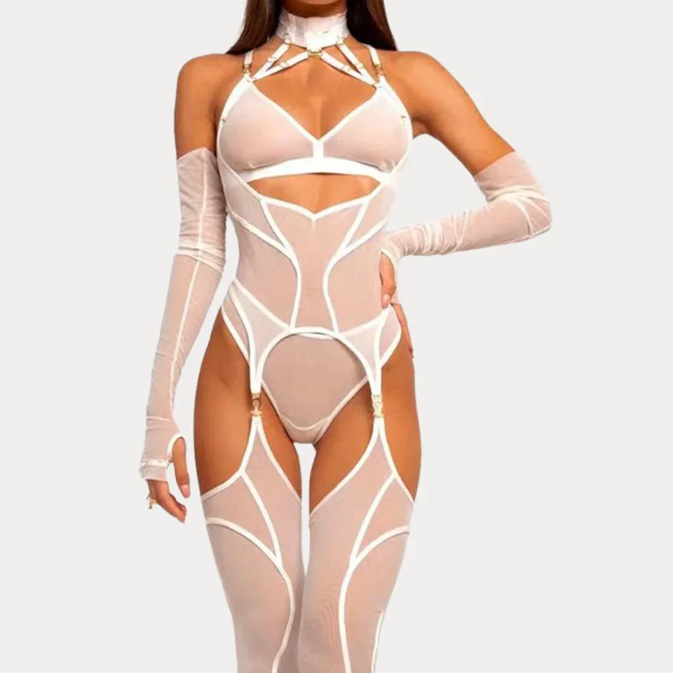 Conjunto Prisioneira Ellolace body renda transparente branco com choker, luvas e meias