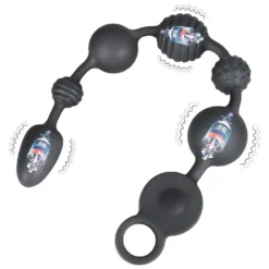 Anal beads vibratório Rosário em silicone preto, com seis esferas de calibres alternados e anel de puxar
