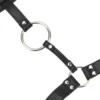 Detalhe da argola O-ring presa por fivela de metal na correia de couro
