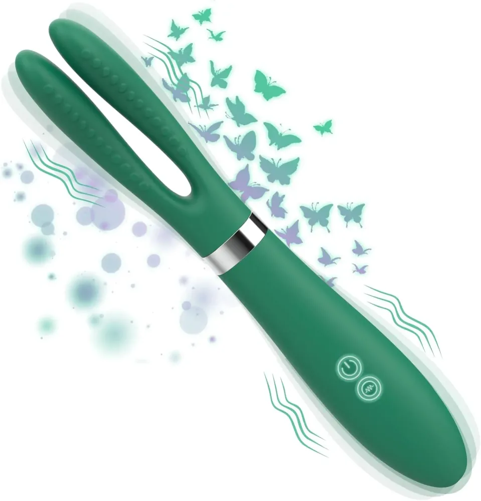 Vibrador ponto g flexivel verde com duas hastes bifurcadas texturizadas
