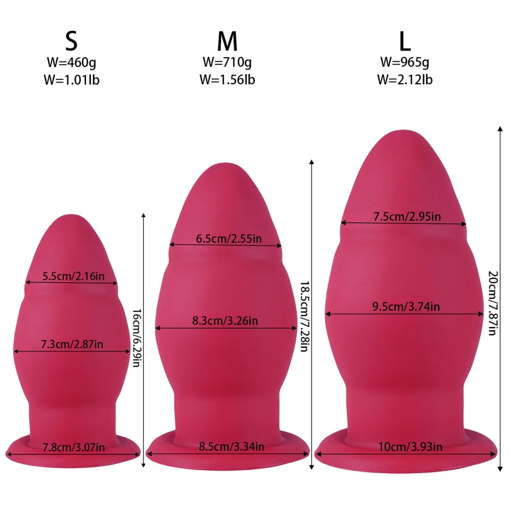 Medidas do plug anal extra grande Crimson Throne: P 16 x 7,3 cm, M 18,5 x 8,3 cm, G 20 x 9,5 cm