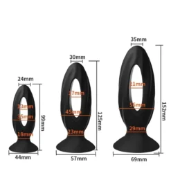 Medidas do plug anal oco Keyhole: P 9,9 x 3,5 cm, M 12,5 x 4,5 cm, G 15,2 x 5,5 cm