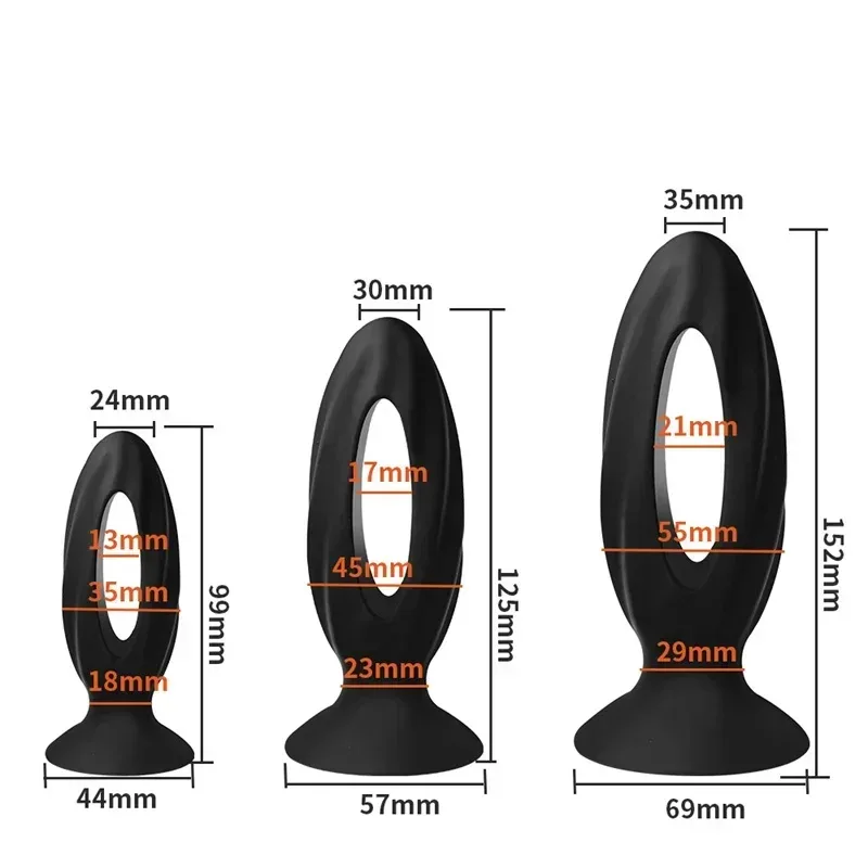 Medidas do plug anal oco Keyhole: P 9,9 x 3,5 cm, M 12,5 x 4,5 cm, G 15,2 x 5,5 cm