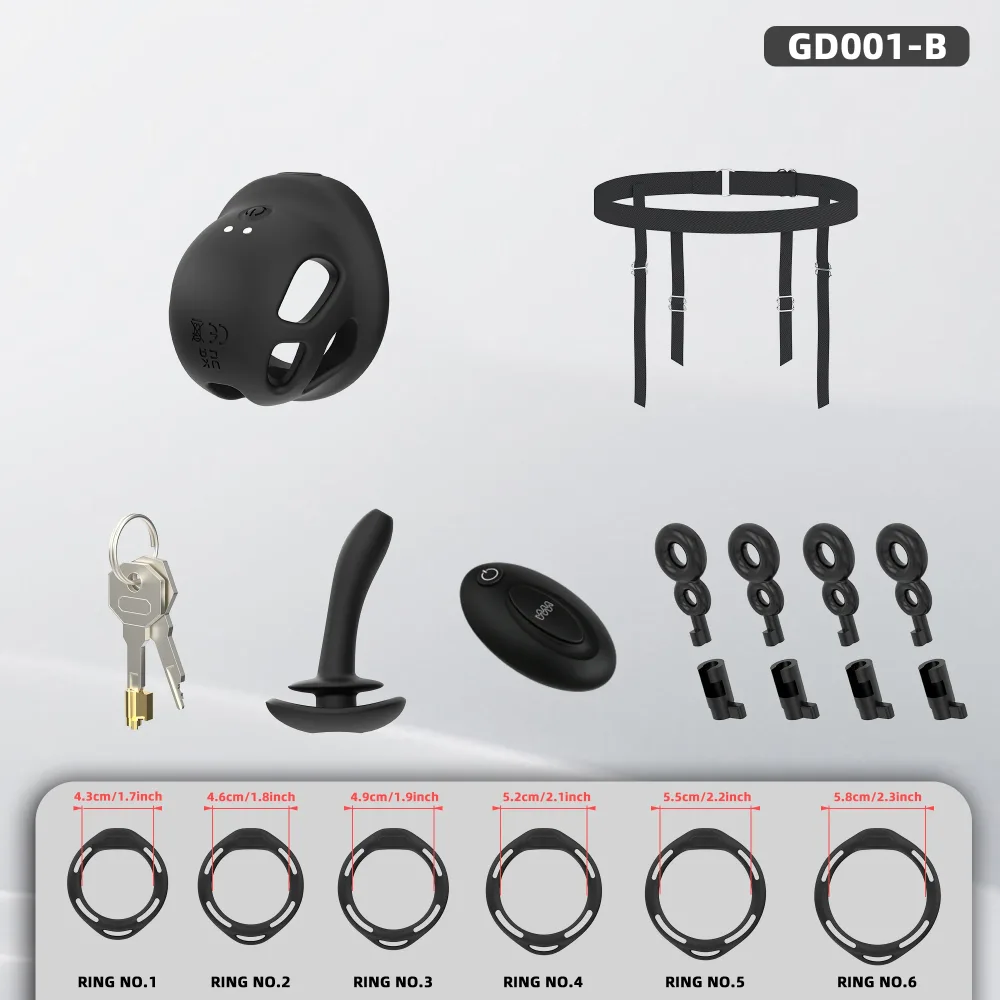 Kit base preto com gaiola vibratória, cinta de quadril, seis anéis, plug peniano, cadeado e chaves