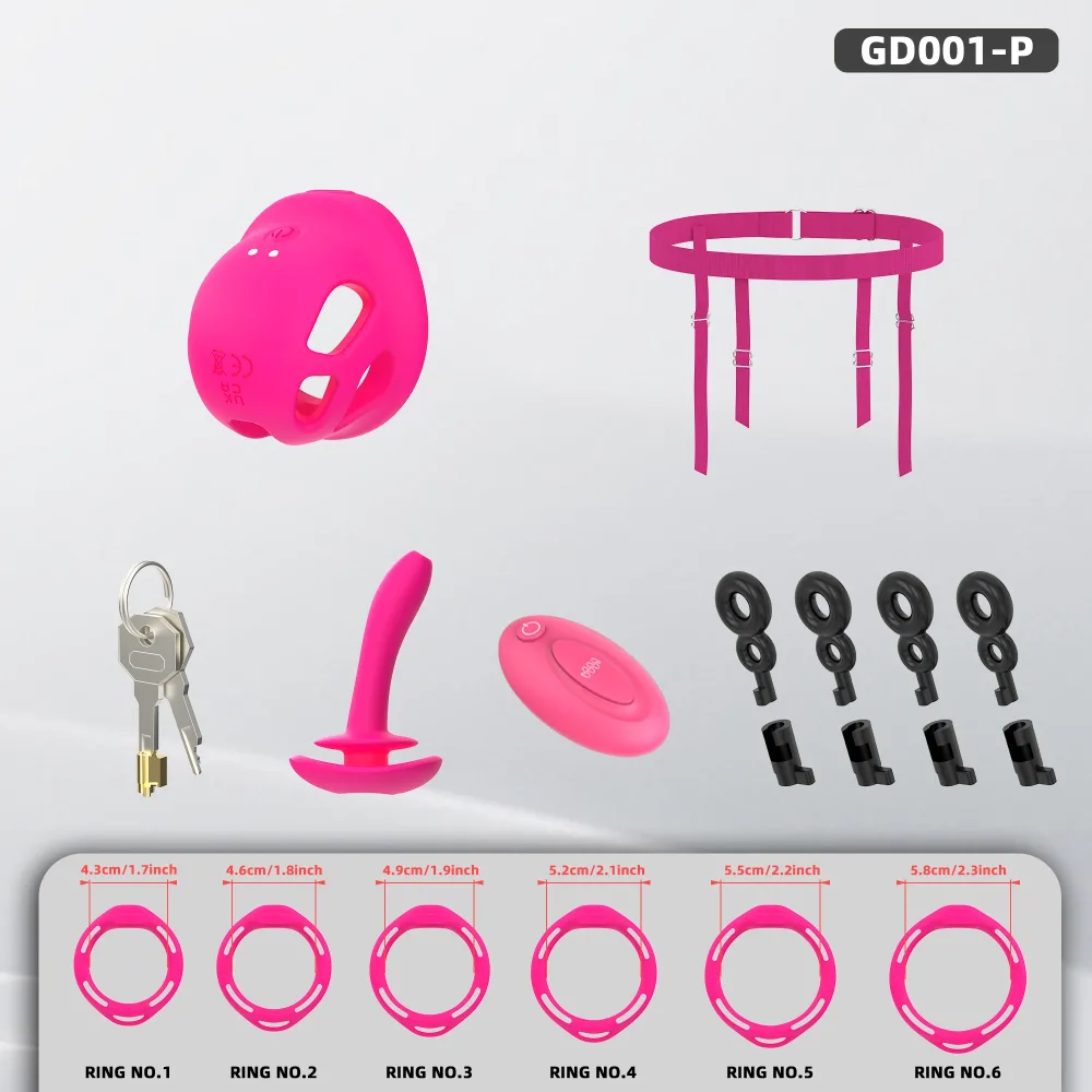 Kit base rosa com gaiola vibratória, cinta de quadril, seis anéis, plug peniano, cadeado e chaves