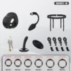 Kit preto completo com gaiola, plug anal vibratório em haste flexível, cinta, anéis, chaves e controle