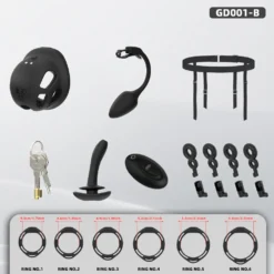 Kit preto completo com gaiola, plug anal vibratório em haste flexível, cinta, anéis, chaves e controle
