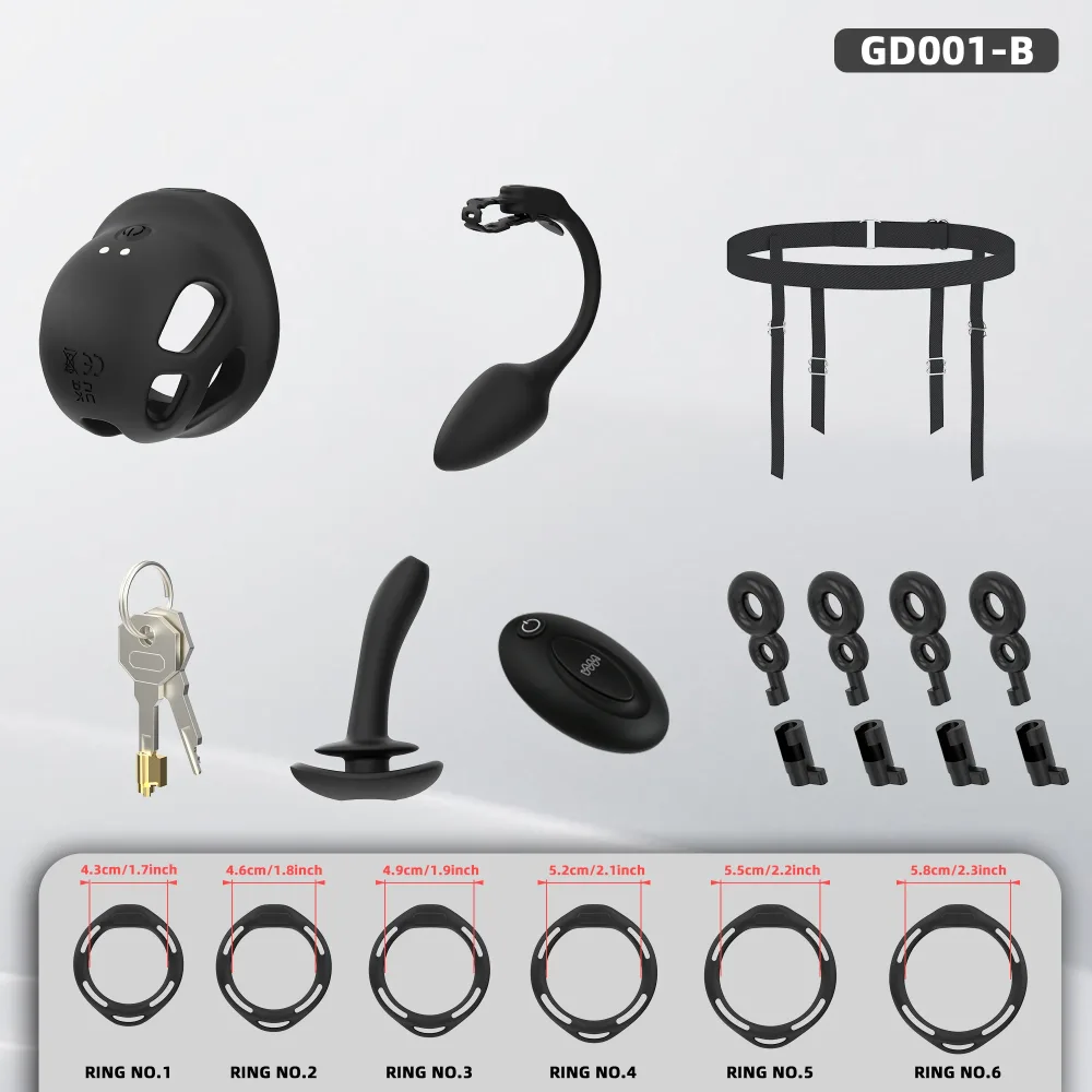 Kit preto completo com gaiola, plug anal vibratório em haste flexível, cinta, anéis, chaves e controle