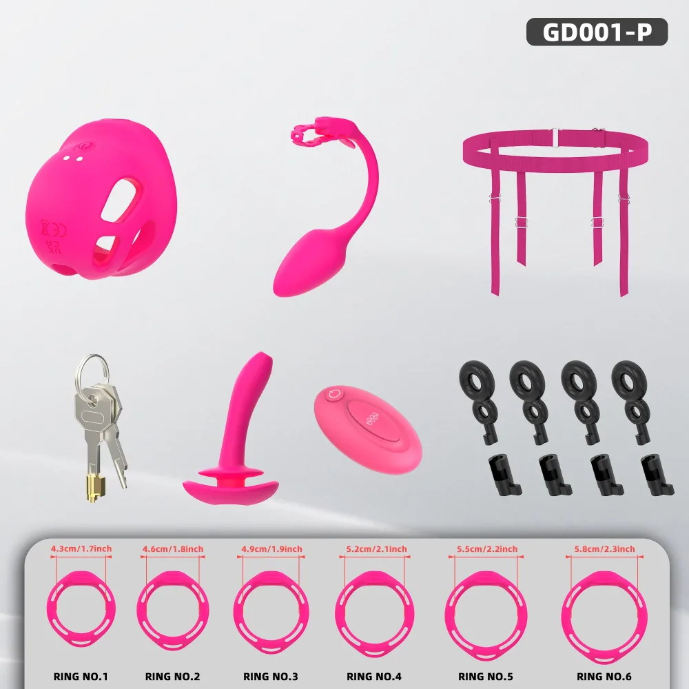 Kit rosa completo com gaiola, plug anal vibratório em haste flexível, cinta, anéis, chaves e controle