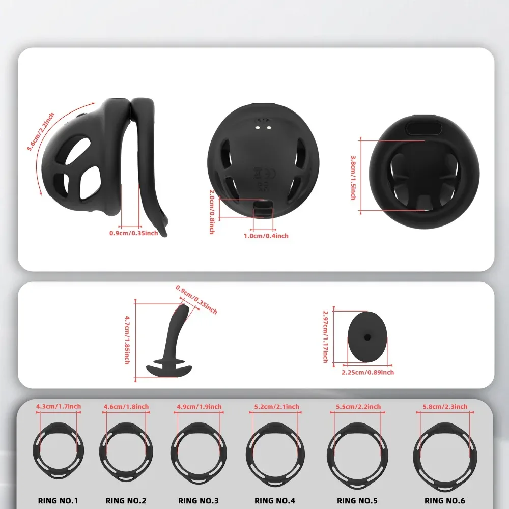 Medidas da gaiola de 5,6 cm, do plug peniano de 4,7 cm e dos seis anéis de 4,3 a 5,8 cm