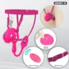 Cinto de castidade rosa mostrando silicone macio, controle remoto sem fio e cinta de tamanho ajustável