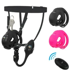 Cinto de castidade preto com gaiola vibratória, cinta de quadril, plug anal e controle remoto