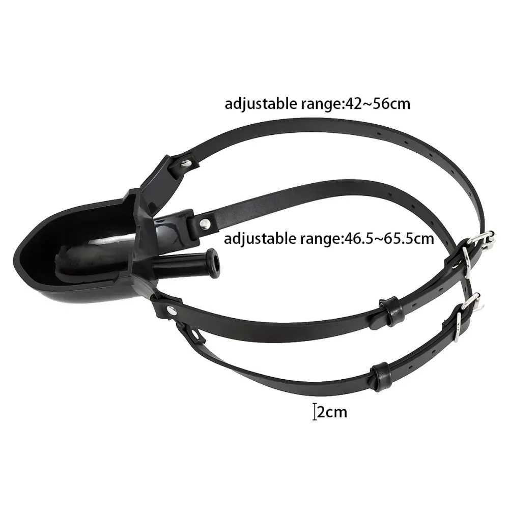 Medidas da urine gag com tira superior de 42 a 56 cm, inferior de 46,5 a 65,5 cm e largura de 2 cm